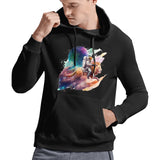 Black Gildan men's hooded sweatshirt with Cosmo Ride artwork. Astronaut riding a lion, Ben Heine art, for MyArtsyGift.com