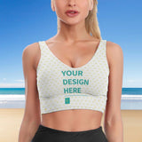 Customizable sports bra featuring "YOUR DESIGN HERE", white with heart patterns, workout tank top