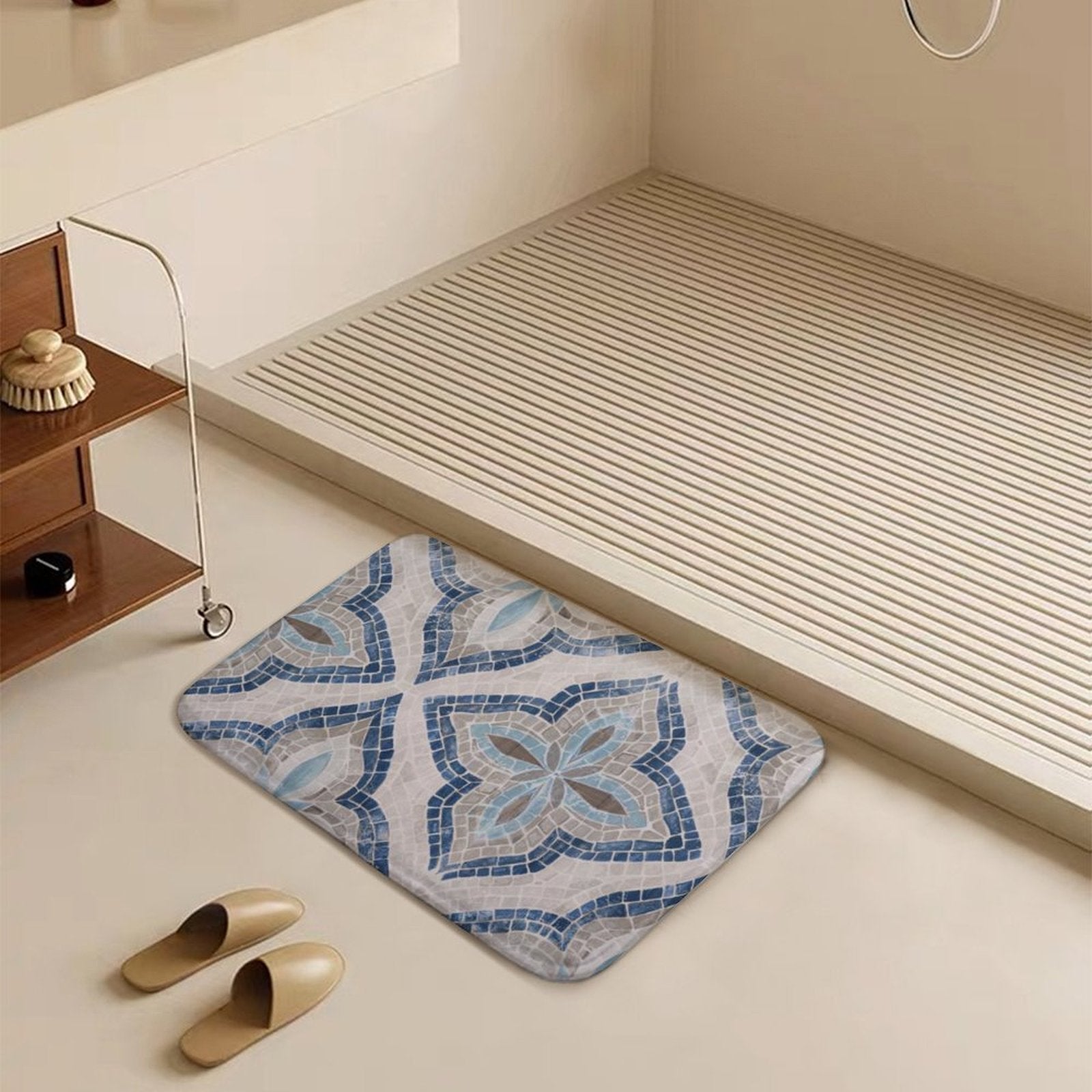 Coral velvet bath rug with mosaic design. Non-slip, quick-drying bathroom floor carpet in blue, gray