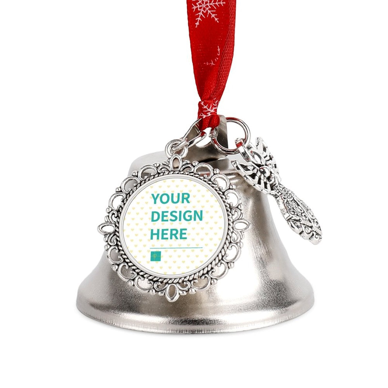 Custom Christmas jingle bell with 'YOUR DESIGN HERE', silver bell with red ribbon, perfect Christmas tree decoration