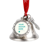 Custom Christmas jingle bell with 'YOUR DESIGN HERE', silver bell with red ribbon, perfect Christmas tree decoration