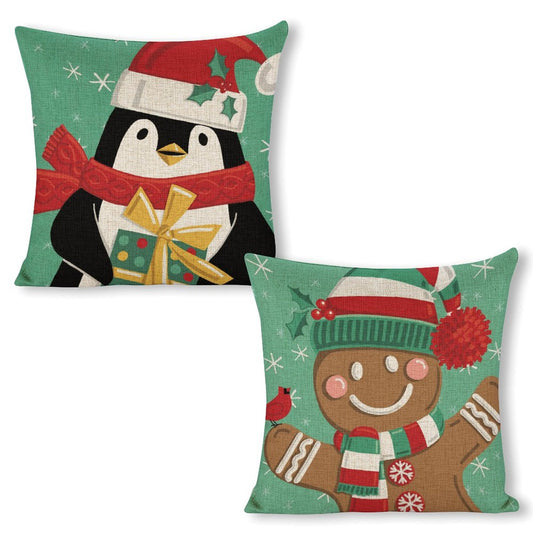 Christmas pillow covers with penguin and gingerbread man designs, linen material