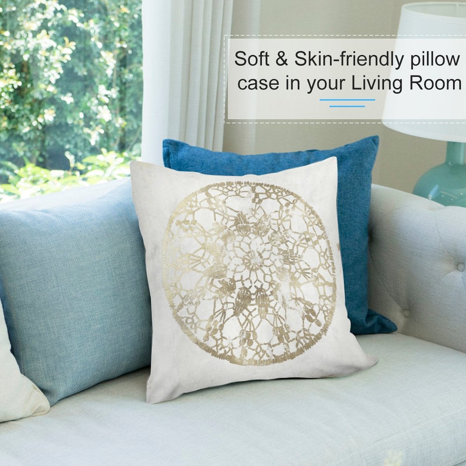 Soft plush throw pillow with gold lace design, ideal for sofa or couch. Skin-friendly, living room decor.