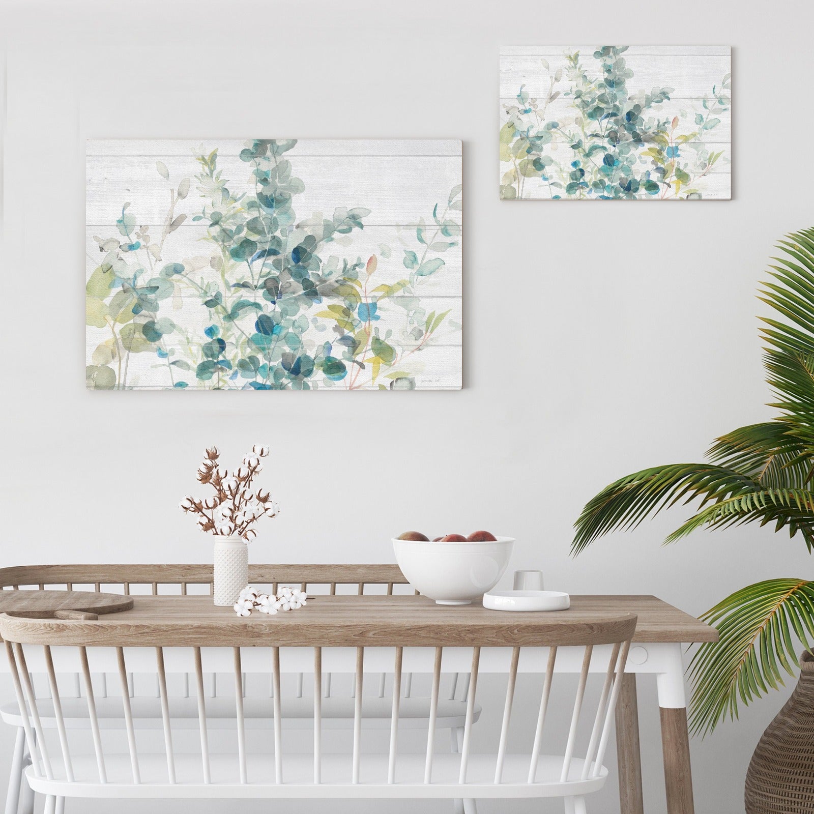 Eucalyptus I on Shiplap Canvas Print in a modern dining room with eucalyptus art.