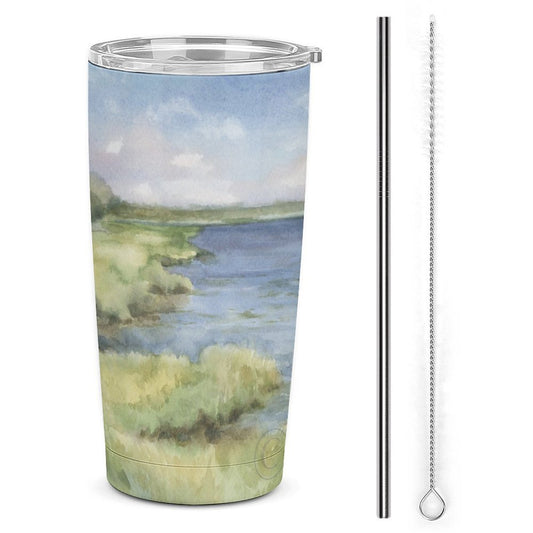 Stainless steel car cup coffee tumbler with a scenic landscape design and metal straw, perfect for gifts.