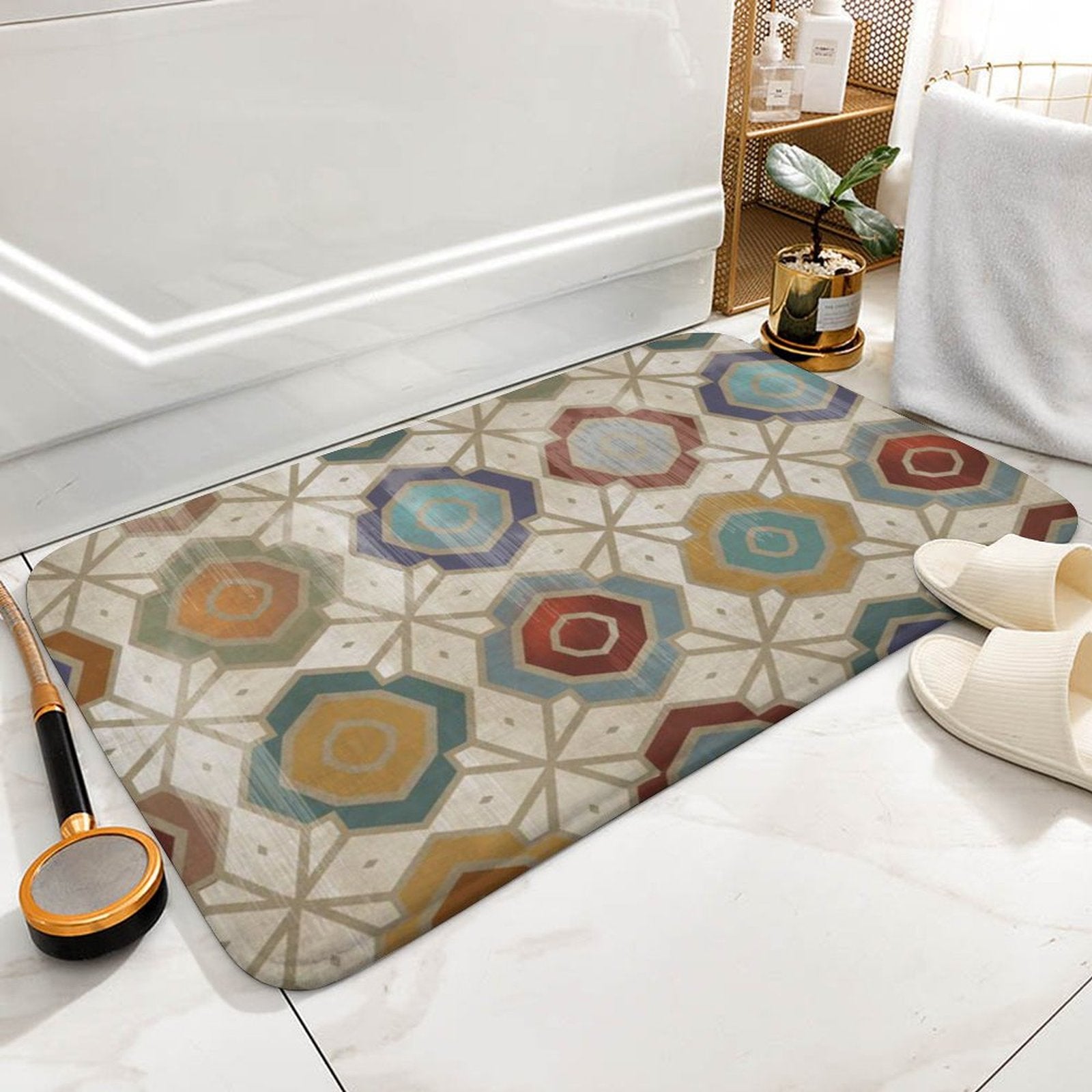 Coral velvet bath rug with geometric pattern in bathroom, non-slip and quick-drying