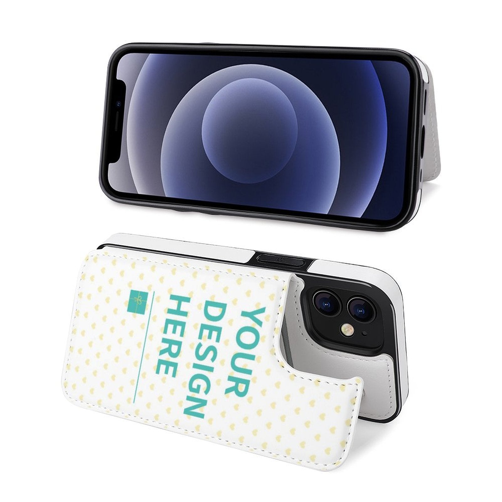 Personalized iPhone 12 series wallet phone case with your design, white PU leather flip cover with card slots.