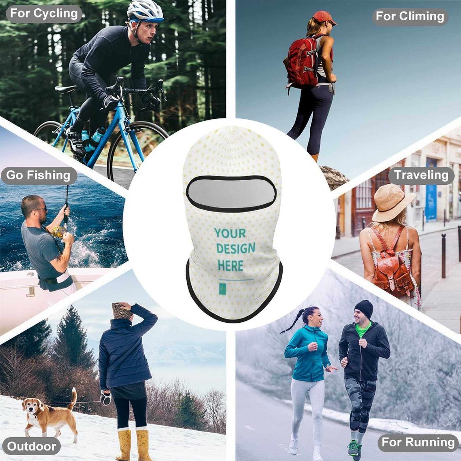 Customizable sun protection balaclava mask with 'YOUR DESIGN HERE' text, perfect for cycling, running, and outdoor use.