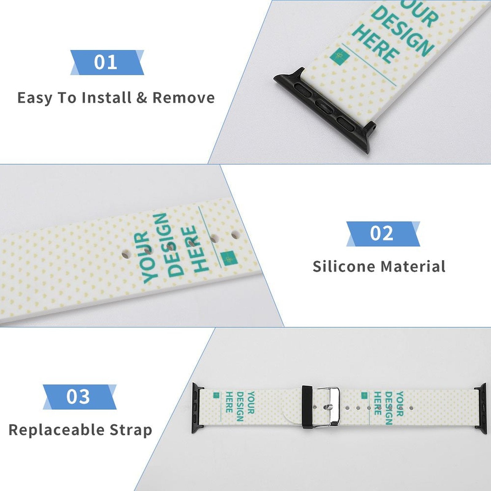 Custom Apple Watch band with 'YOUR DESIGN HERE' text, made of silicone, and easy to install.