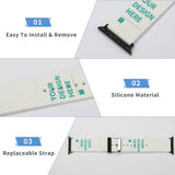 Custom Apple Watch band with 'YOUR DESIGN HERE' text, made of silicone, and easy to install.