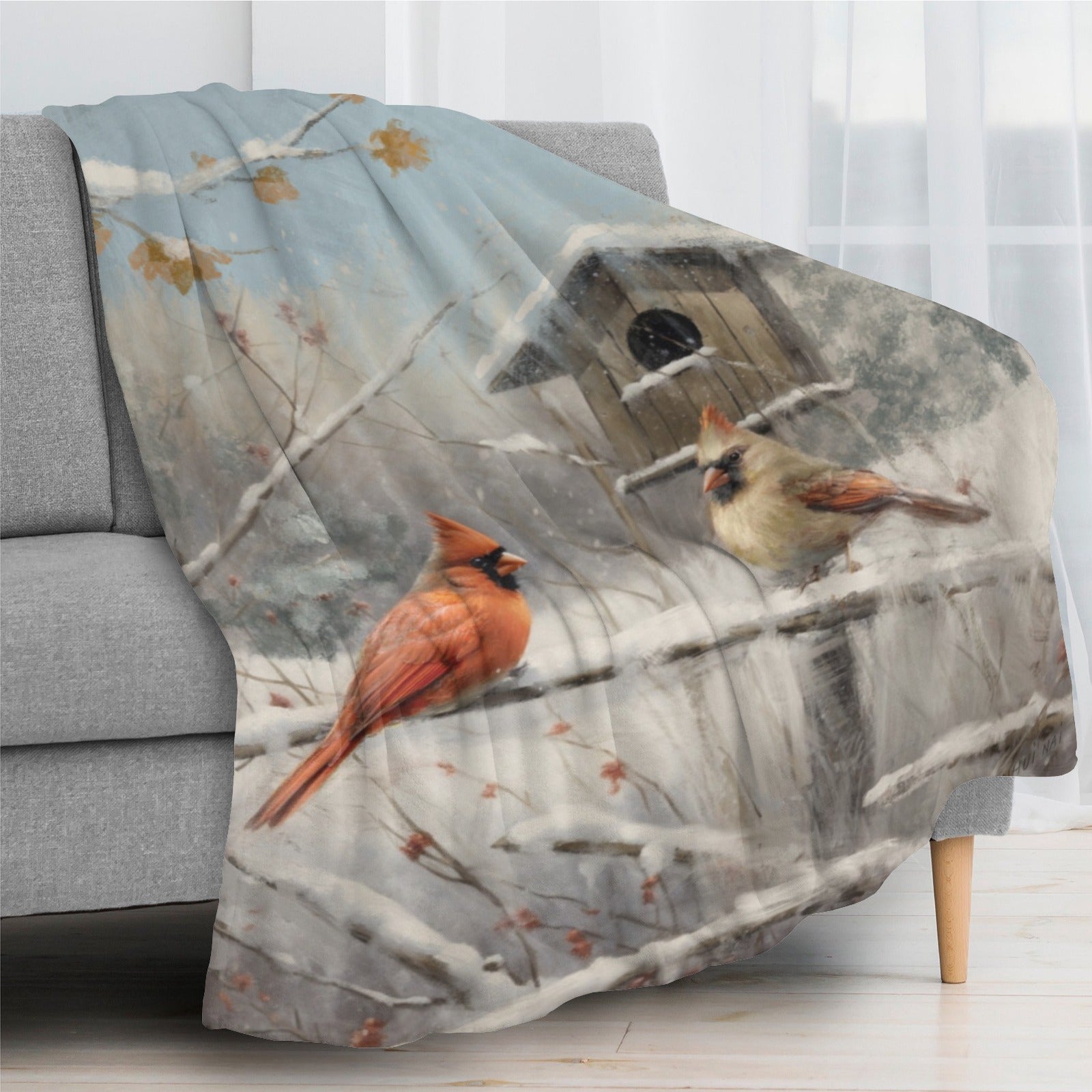 Winter Seasons Flannel Blanket with Cardinal Birds, cozy home decor, soft and warm, USA made