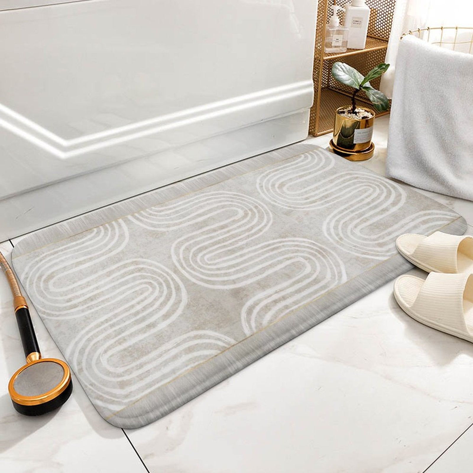 Coral velvet bath rug with abstract wave design, non-slip, for bathroom, kitchen, bedroom. Quick-drying