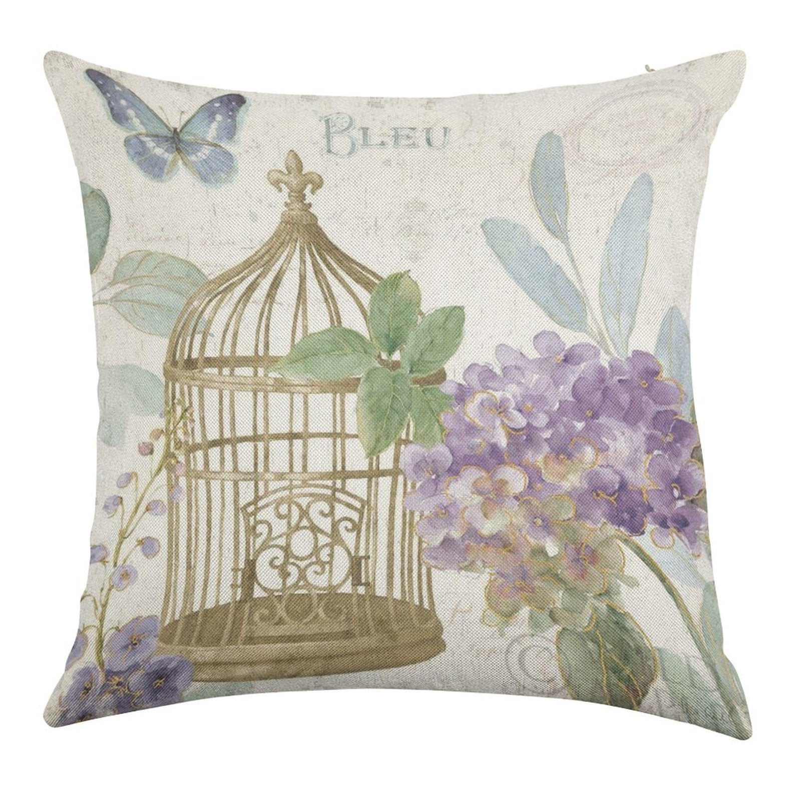 Linen throw pillow case, floral birdcage design, purple hydrangea, butterfly, BLEU, for living room
