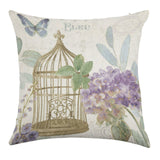 Linen throw pillow case, floral birdcage design, purple hydrangea, butterfly, BLEU, for living room