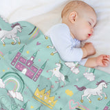 Rainbow Dream Fleece Blanket with unicorns and castles, teal, warm and cozy for bed