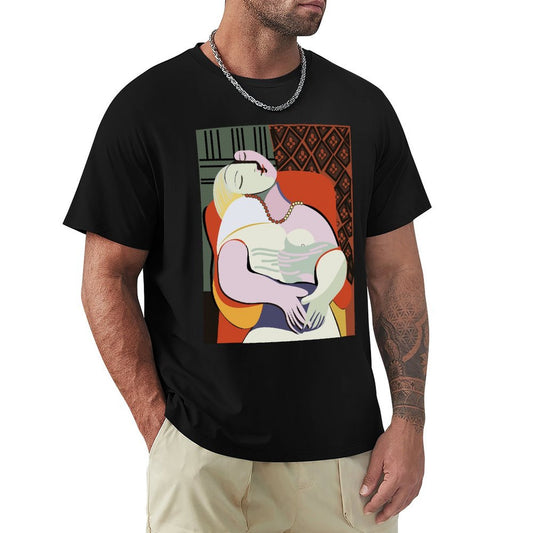 Men's black short sleeve crew neck t-shirt featuring a Picasso art print, classic tees.
