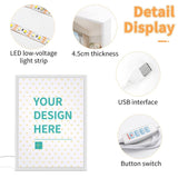 Custom Photo Mirror with LED, acrylic, featuring 'YOUR DESIGN HERE', USB powered, and button switch; ideal personalized gift.