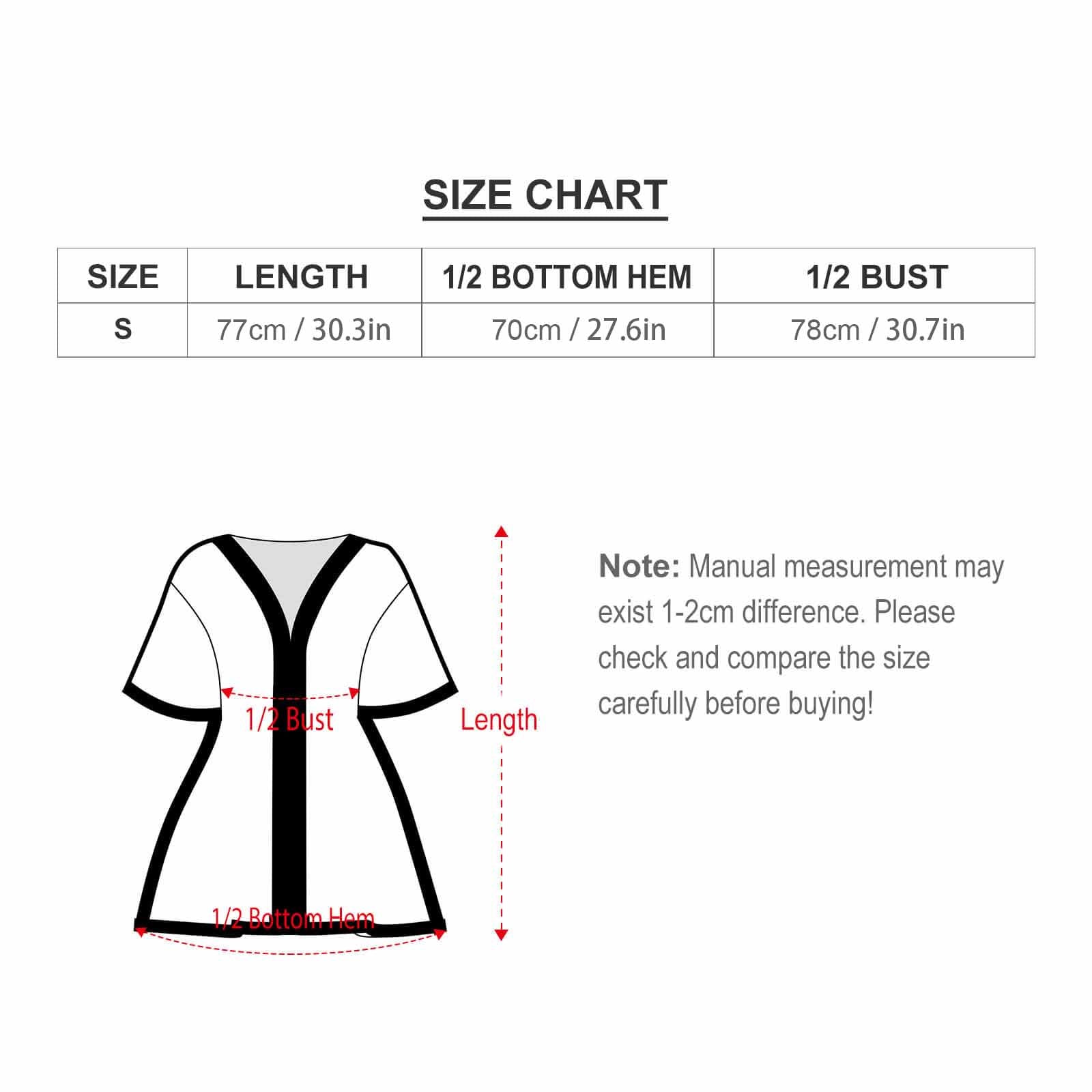 Swimsuit cover up size chart with measurements for length, bust, and hem. Includes a diagram for accurate sizing.
