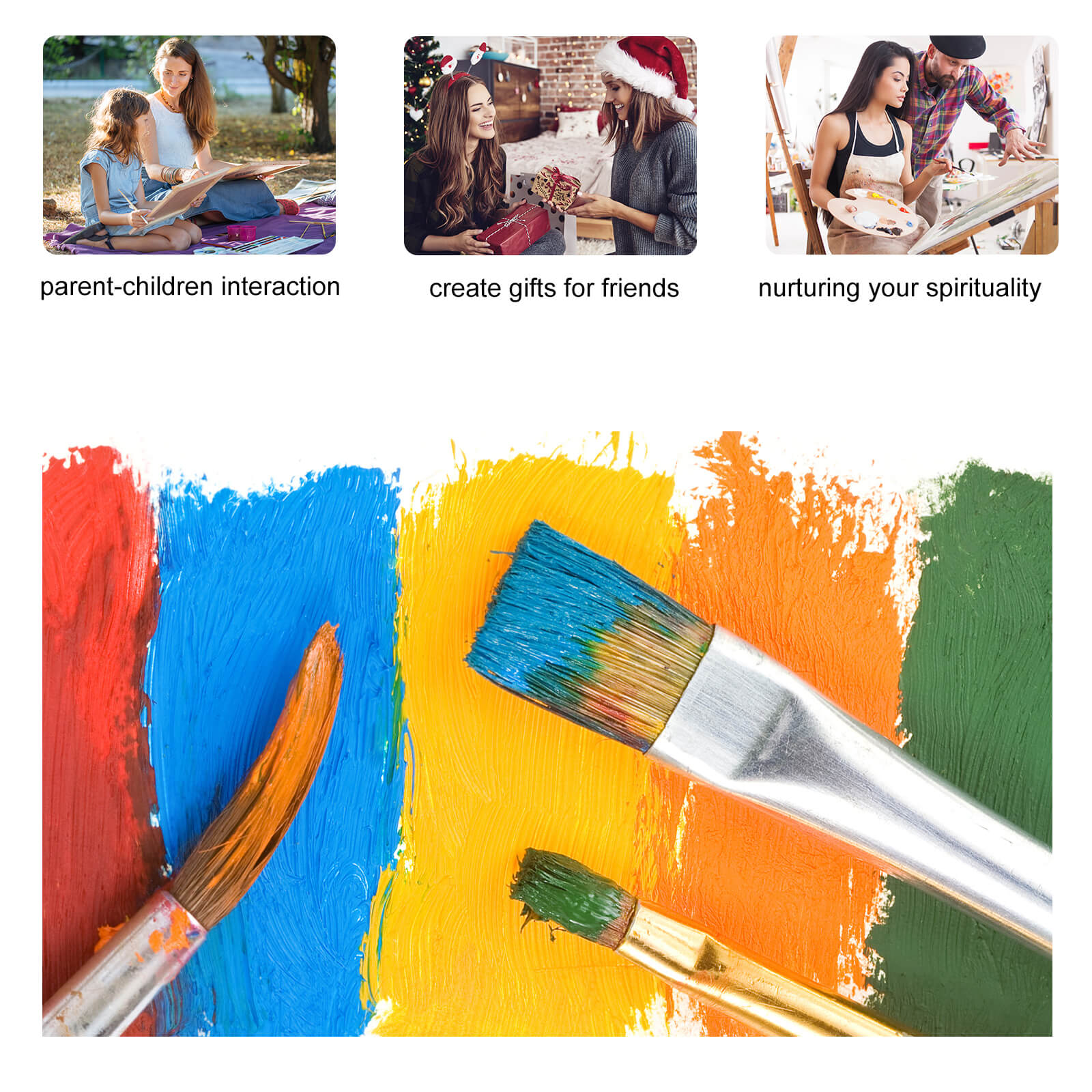 Paintbrushes with colorful paint strokes, perfect for DIY paint by numbers kits, promotes family interaction and gift-giving.