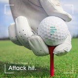 Personalized golf ball with space for custom design, held by gloved hand on a red tee, "Attack Hit!"