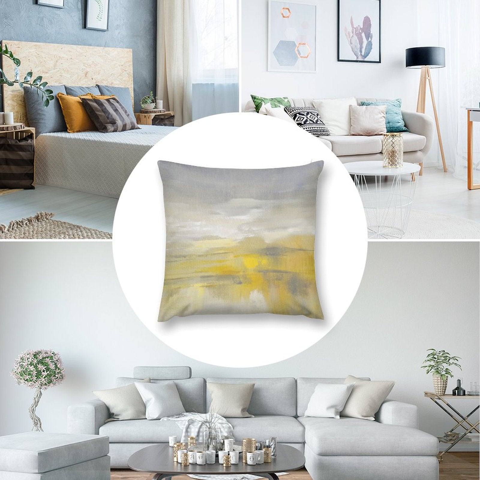 Abstract plush pillow cover in yellow and gray, for sofa or couch; soft, fluffy, and decorative. By MyArtsyGift.