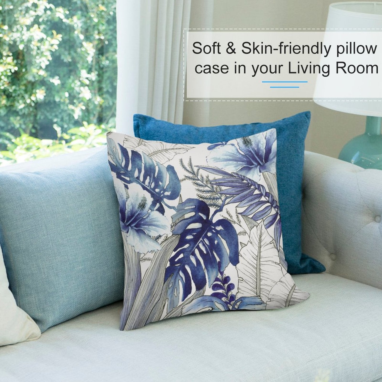 Blue floral plush pillow cover with tropical leaf design, soft and skin-friendly for living room.