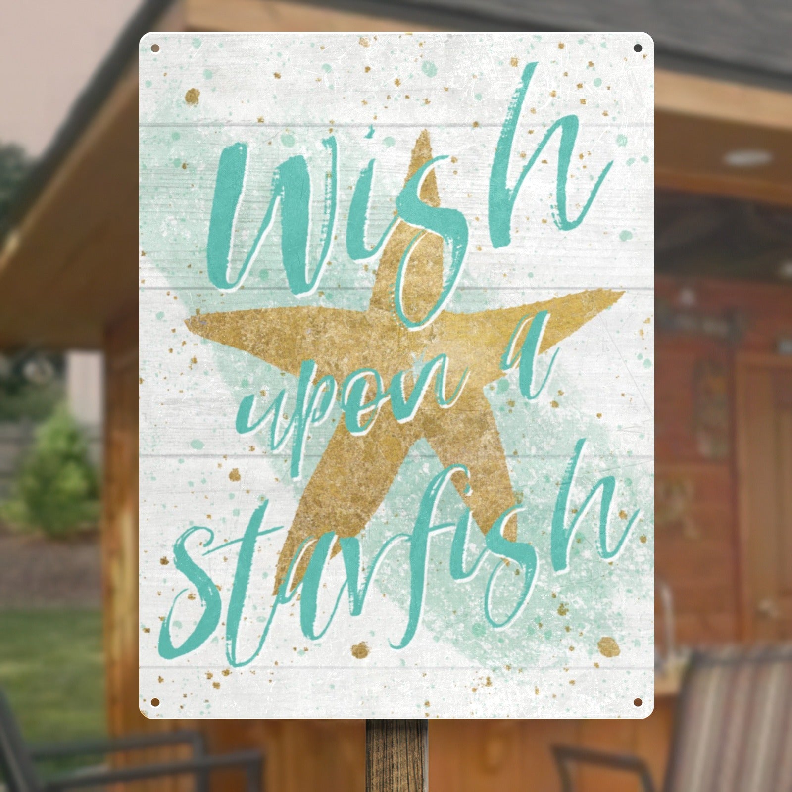 Aqua starfish metal sign with 'Wish upon a Starfish' quote, perfect for beach decor, USA made.