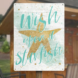 Aqua starfish metal sign with 'Wish upon a Starfish' quote, perfect for beach decor, USA made.