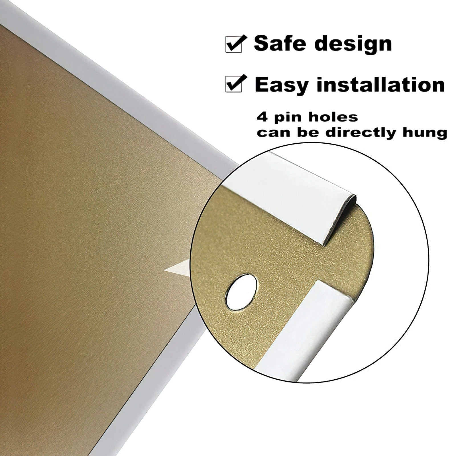 Golden metal sign details, showcasing easy installation and safe design features for wall decor.