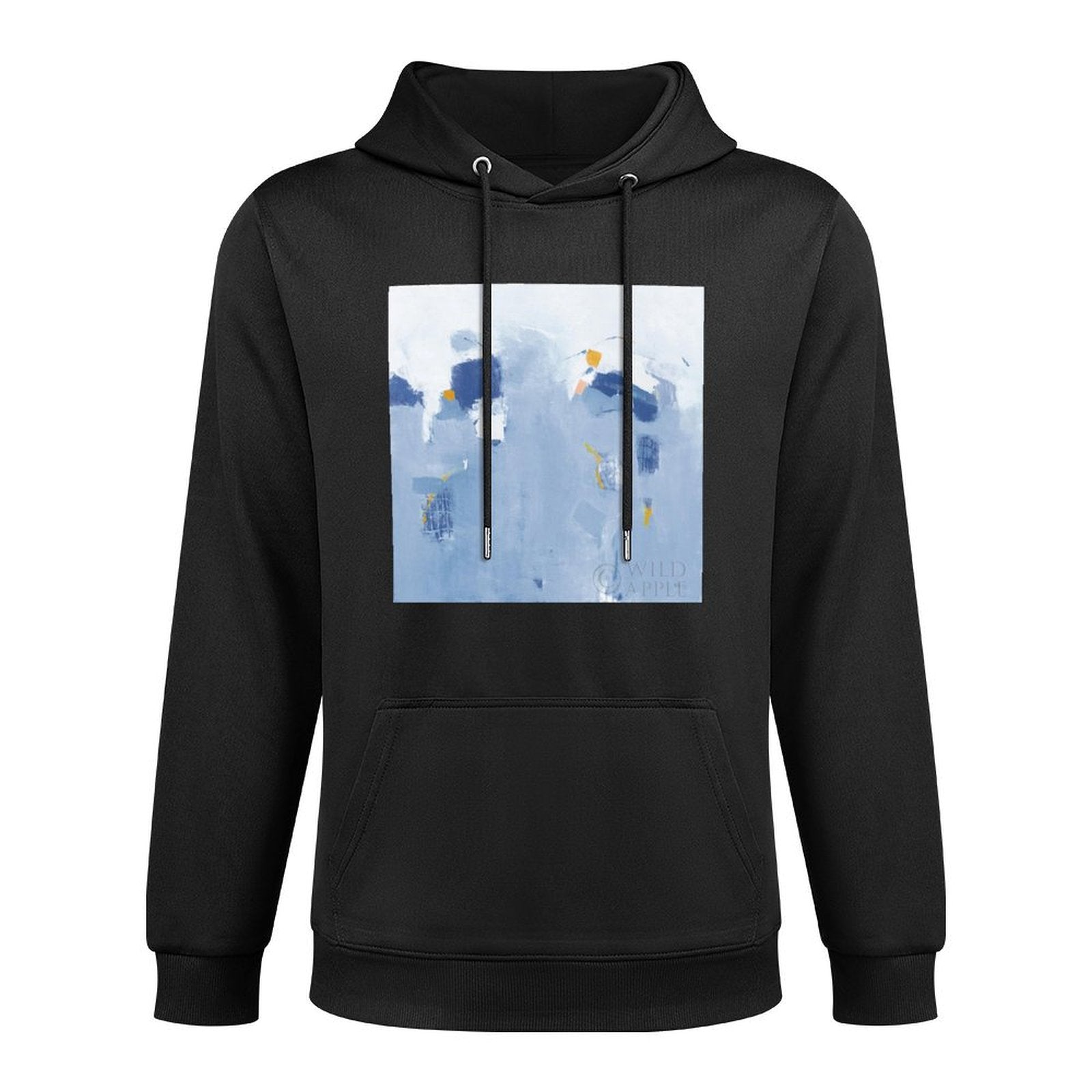 Men's black hooded sweatshirt with 'WILD APPLE' art design, comfortable, USA made, color splash.