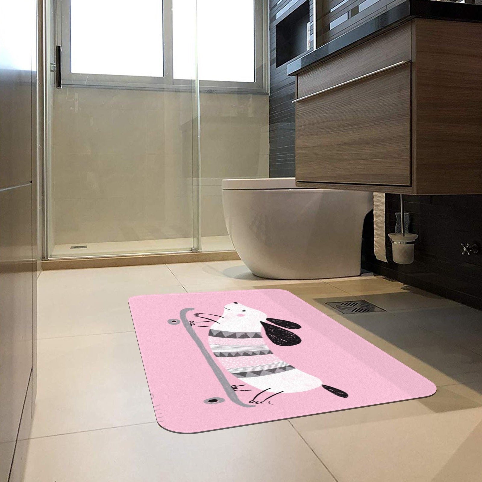Pink dog doormat, cartoon dachshund on skateboard, indoor/outdoor rubber floor mat