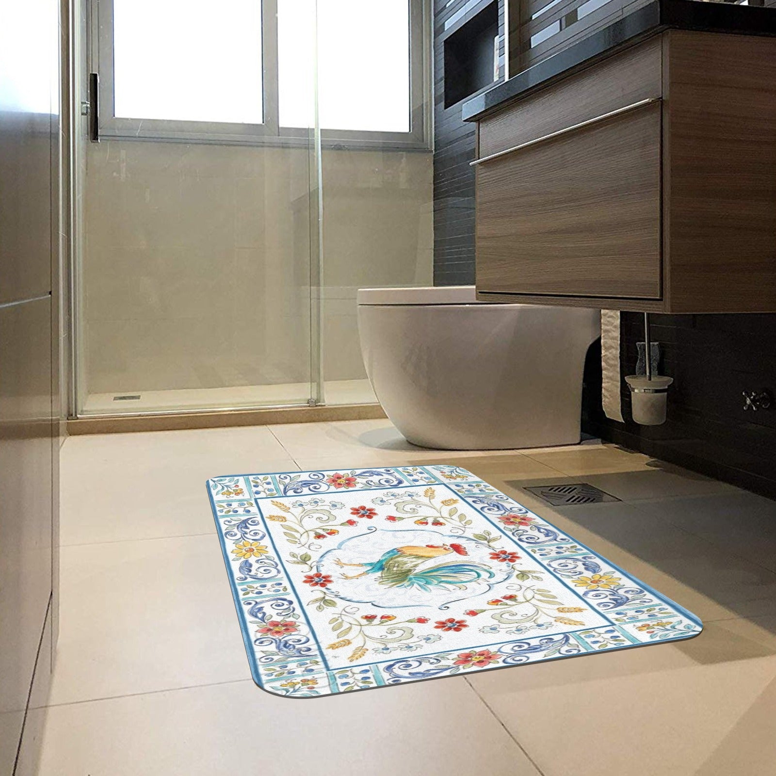 Rooster design door mat in bathroom. Decorative rubber floor mat with floral pattern, for indoor and outdoor use.