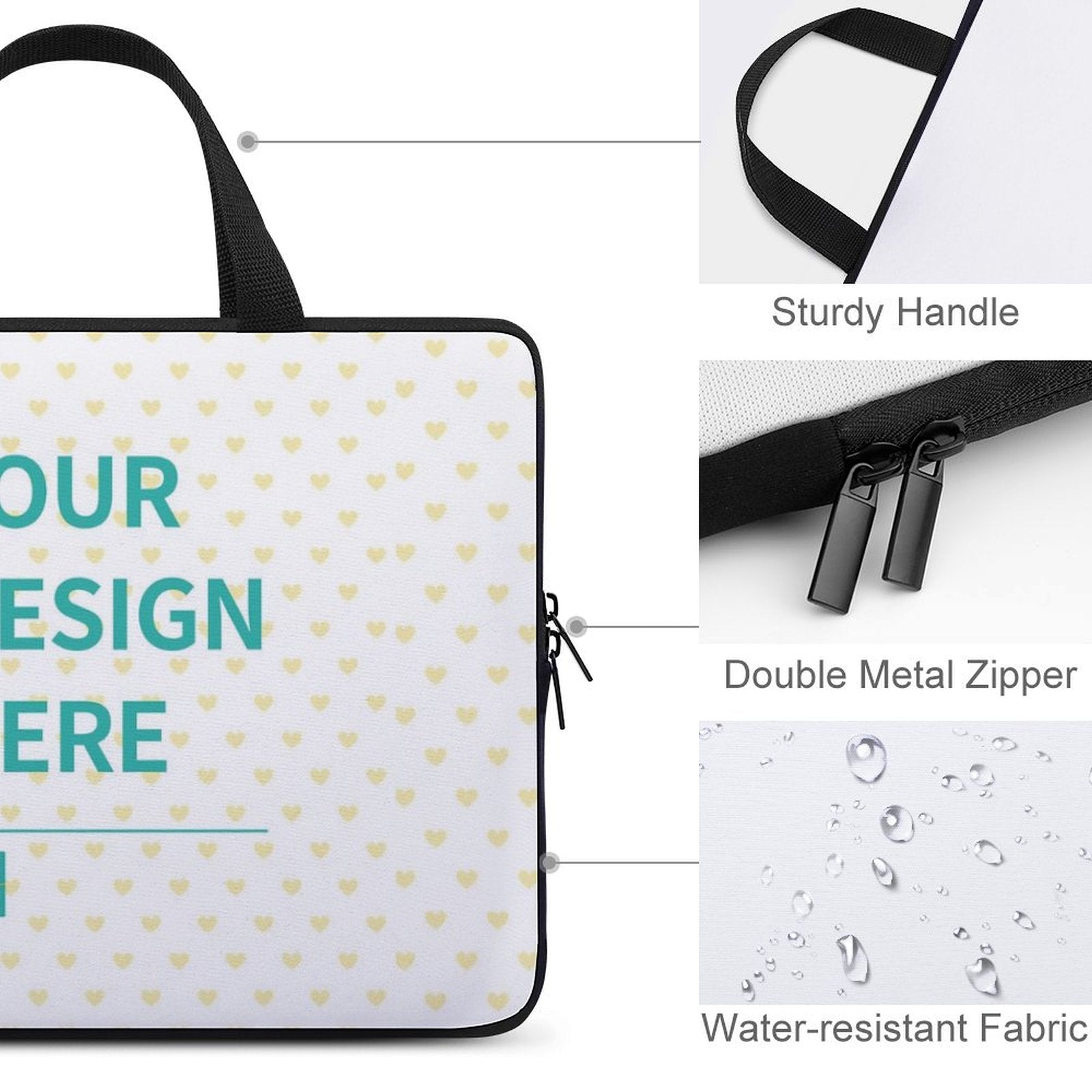 Personalized laptop bag with "YOUR DESIGN HERE" on a heart pattern, waterproof and with a sturdy handle.