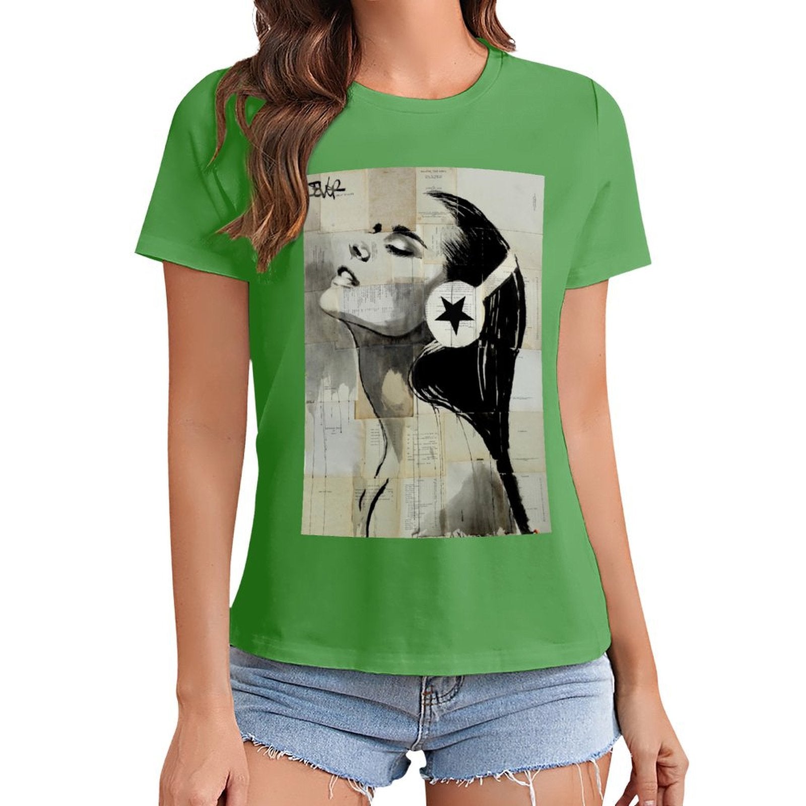 Green Women's graphic t-shirt featuring a woman art print with star headphone design; MyArtsyGift.