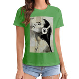 Green Women's graphic t-shirt featuring a woman art print with star headphone design; MyArtsyGift.