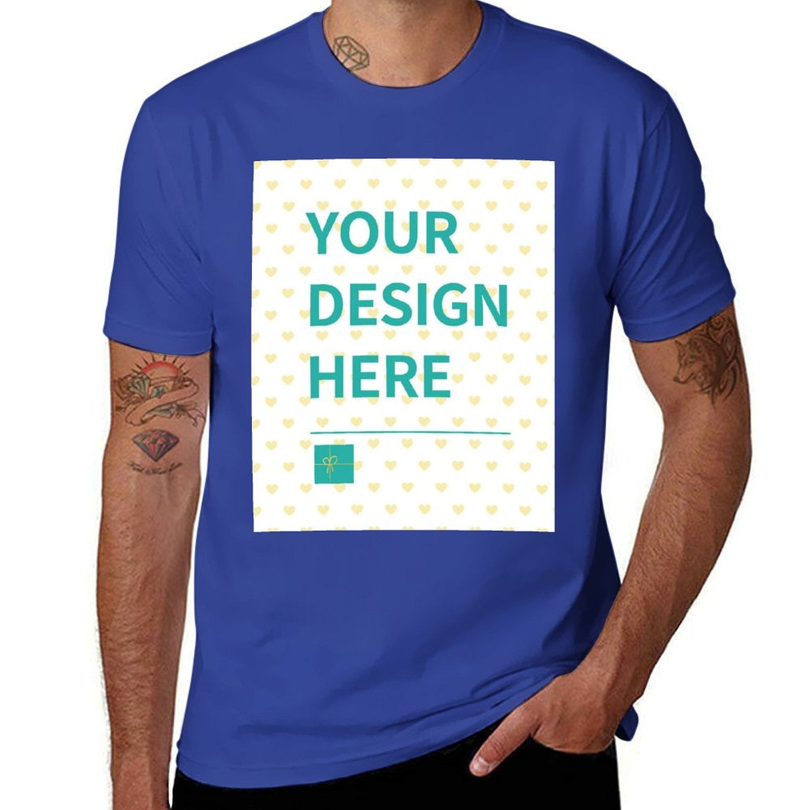 Custom blue short sleeve t-shirt with 'YOUR DESIGN HERE' design, men's customizable apparel