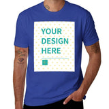 Custom blue short sleeve t-shirt with 'YOUR DESIGN HERE' design, men's customizable apparel