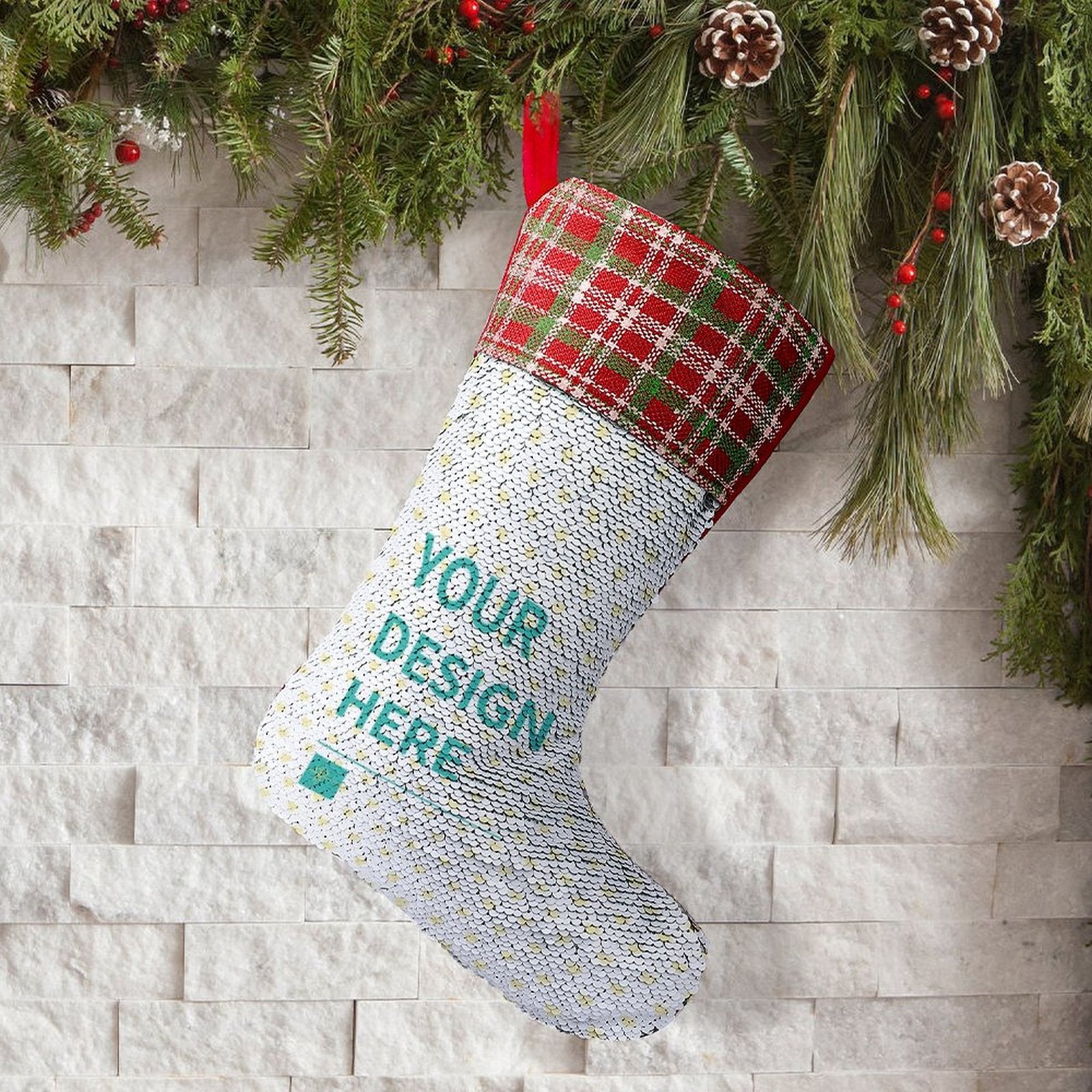 Personalized sequin Christmas stocking with plaid cuff and custom design option, fireplace hanging stocking decoration
