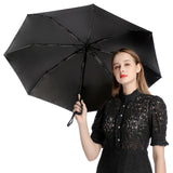 Black 3-Fold Auto Umbrella held by woman, waterproof vinyl cloth, UV protection, ideal gift for men and women