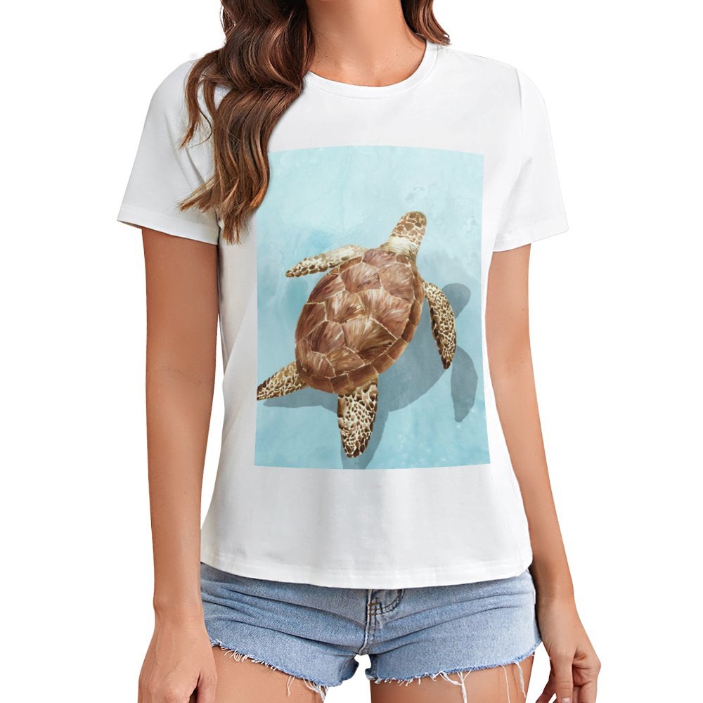 White women's t-shirt with graphic print of sea turtle design