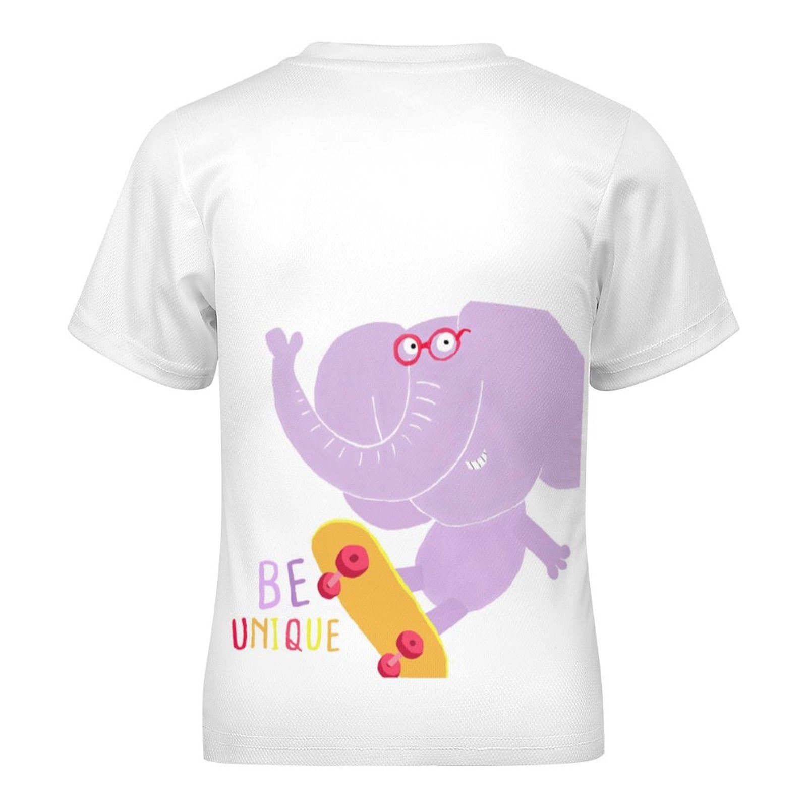 Kids' white t-shirt with skateboarding purple elephant graphic, featuring 'BE UNIQUE' text, perfect for summer wear