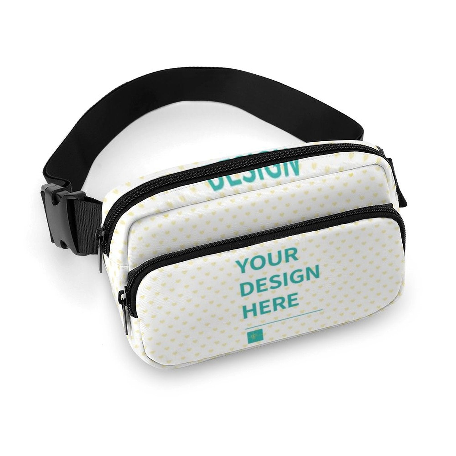 Custom fanny pack with 'YOUR DESIGN HERE' text, adjustable waist bag for travel, running, cycling, hiking.