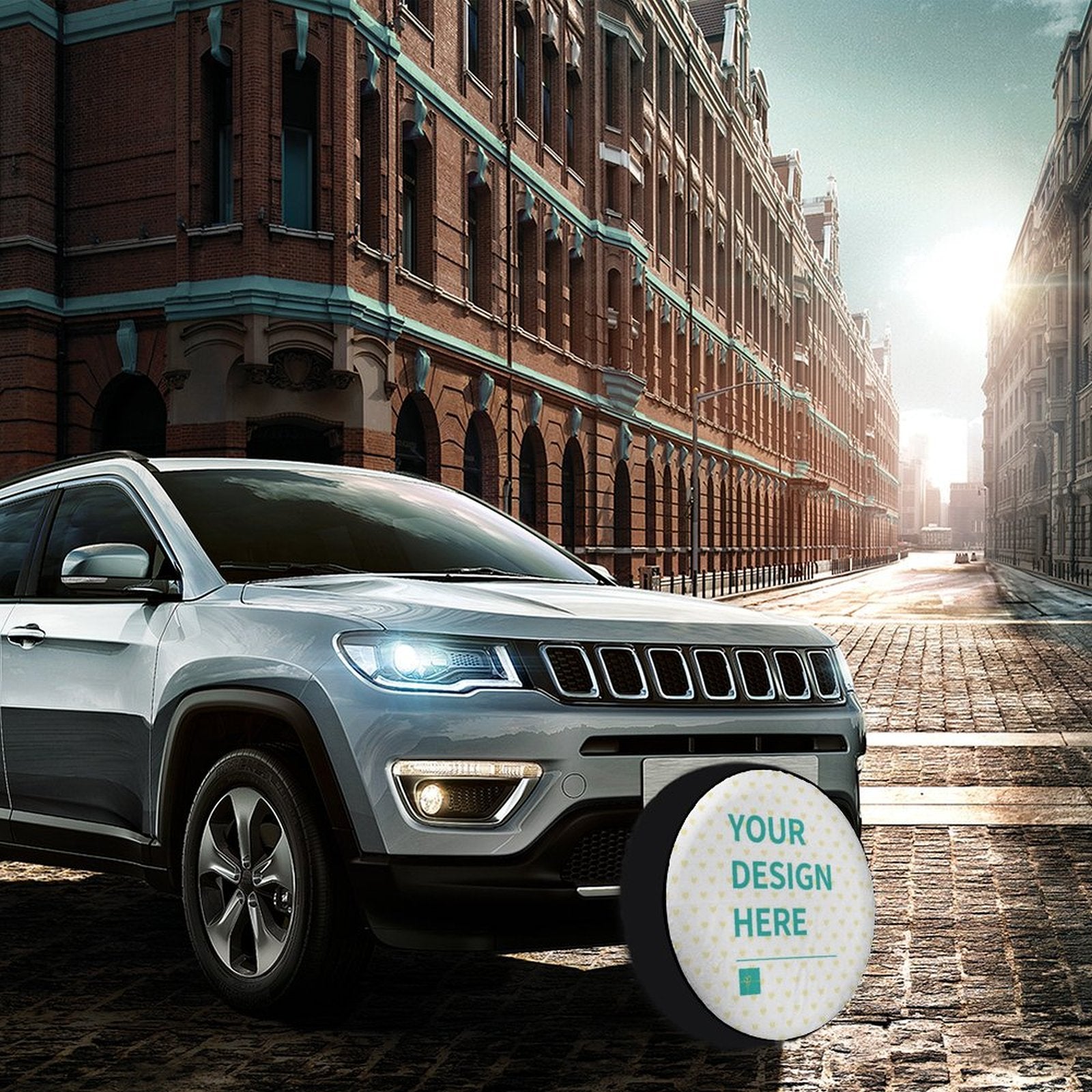 Custom tire cover on SUV with "YOUR DESIGN HERE" design, waterproof Oxford cloth, protects from sun, snow, and dust