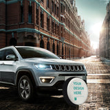 Custom tire cover on SUV with "YOUR DESIGN HERE" design, waterproof Oxford cloth, protects from sun, snow, and dust