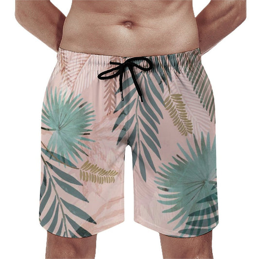 Men's pink Hawaiian shorts with teal and green tropical leaf pattern, drawstring, perfect beach wear