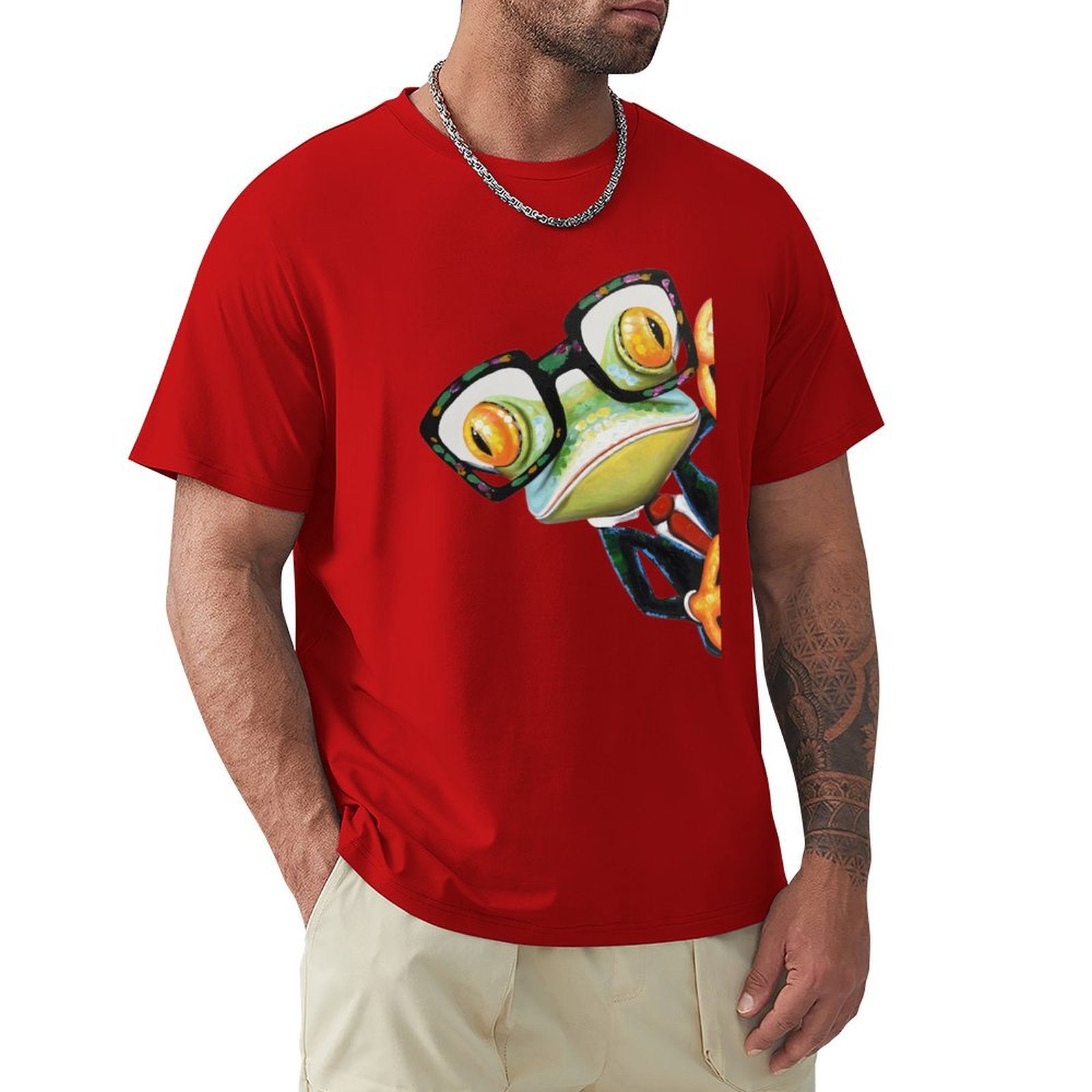 Red Men's Crew Neck T-shirt with Frog Graphic. Classic tee for men by MyArtsyGift, S-6XL, casual wear, pure cotton.