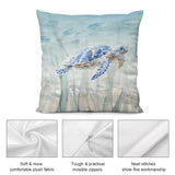 Plush pillow cover with watercolor sea turtle design. Features soft plush fabric, invisible zippers, and neat stitching.