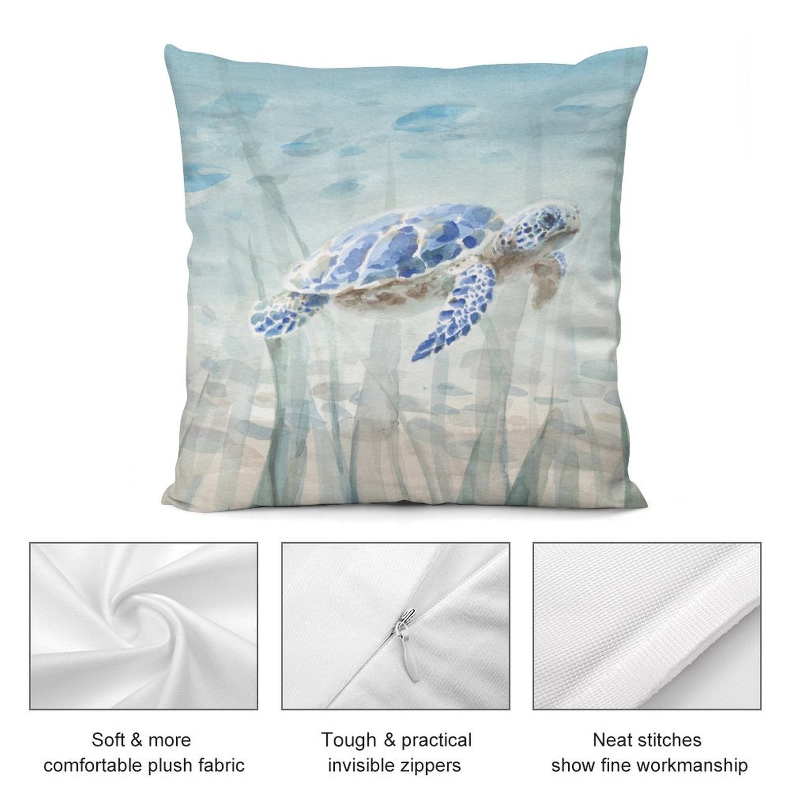 Blue sea turtle plush pillow cover with soft, comfortable fabric and invisible zipper.