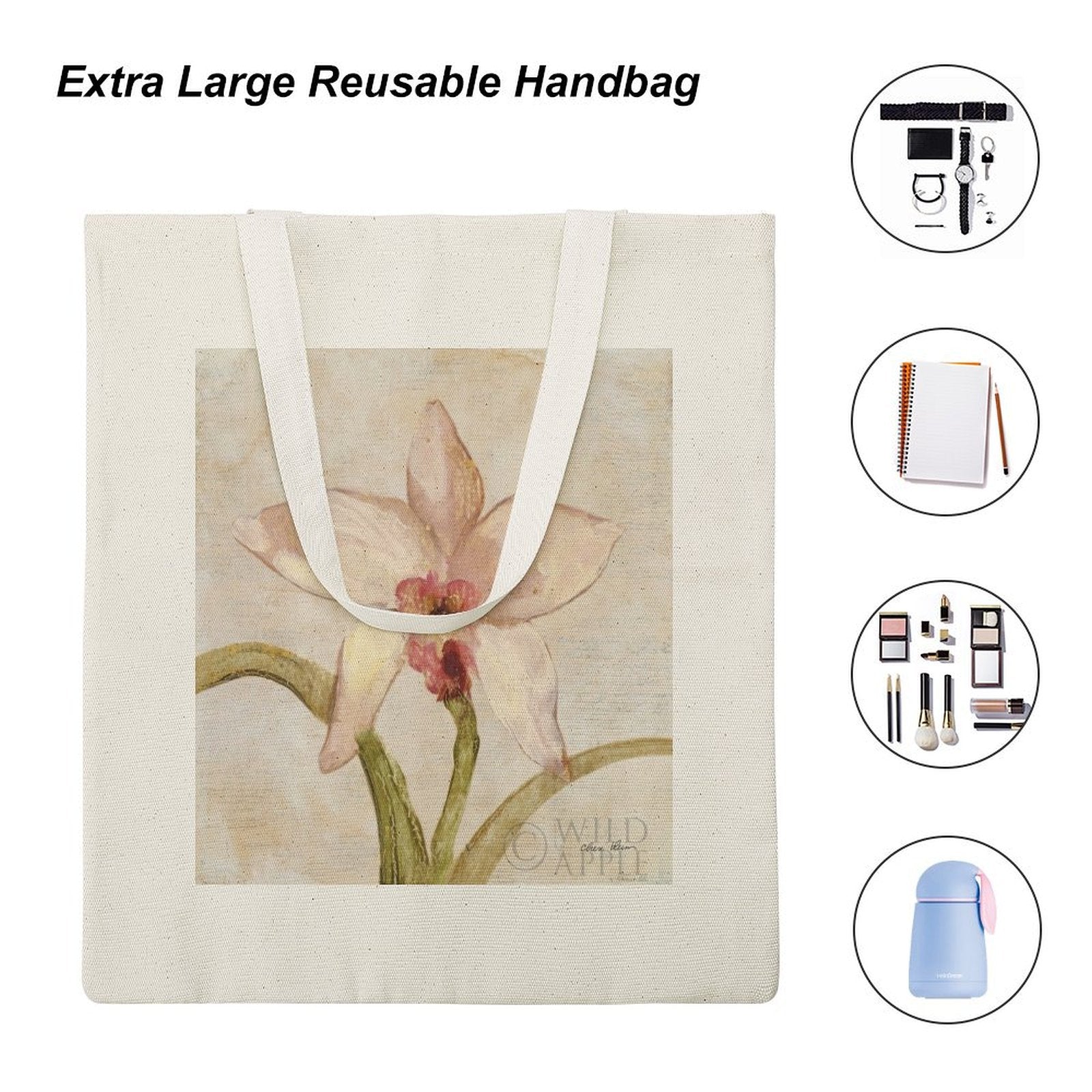 Extra Large reusable canvas tote bag with orchid art for shopping. Eco-friendly, cotton bag with Wild Apple design.
