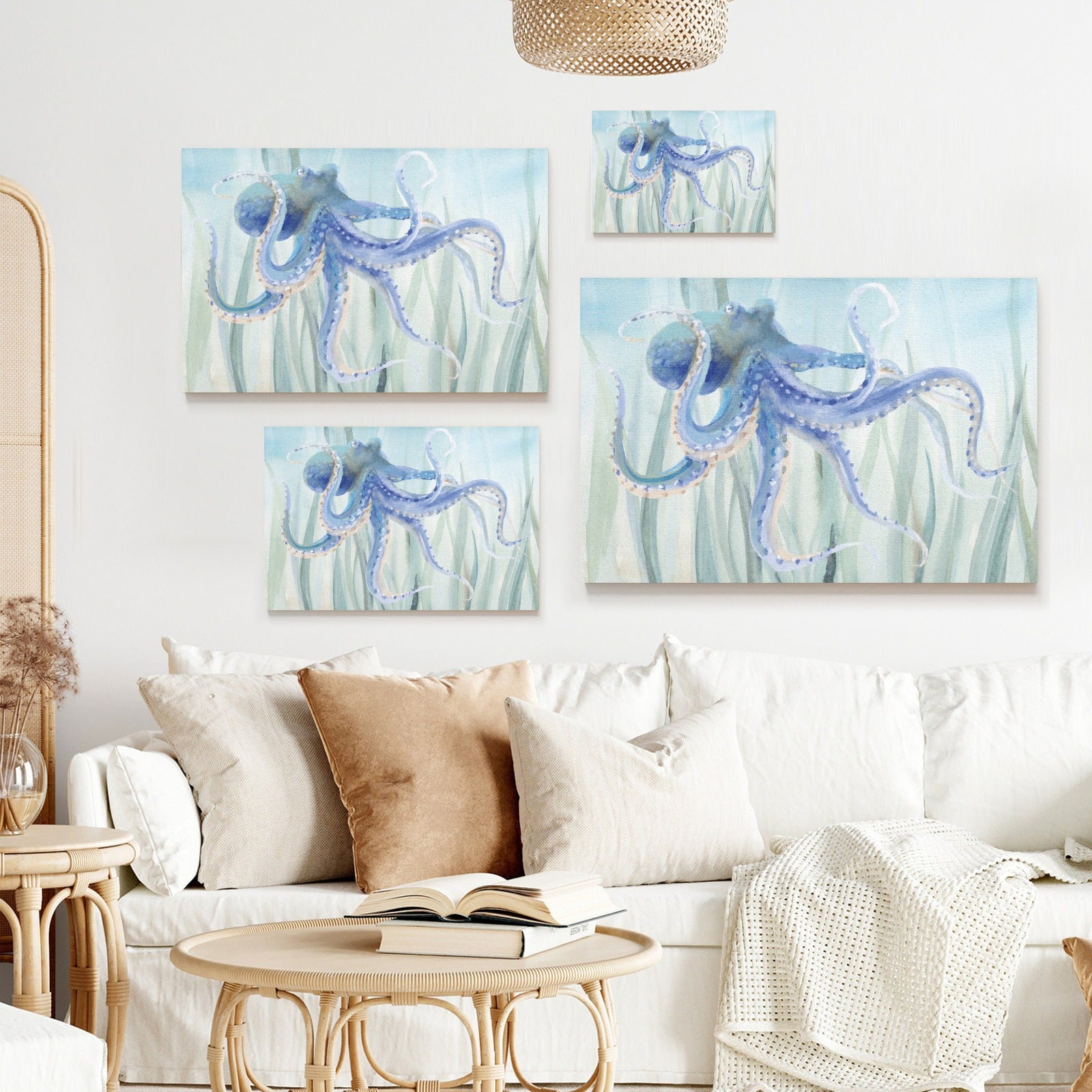 Undersea octopus canvas print set, Made in USA, blue octopus watercolor art for home decor, various sizes, minimalist style.